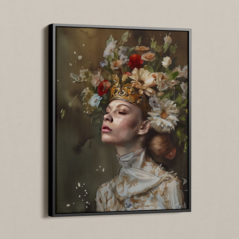 Queen's bloom op canvas met lijst, het vrouwen schilderij met bloemen op canvas met schitterende baklijst. 