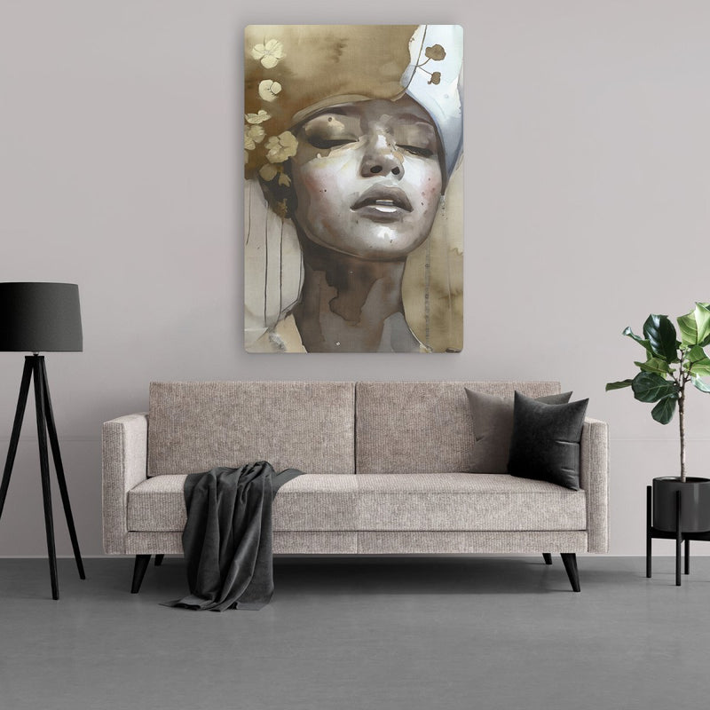 zwart wit goud canvas schilderij met subtiele bloemen en beige tinten