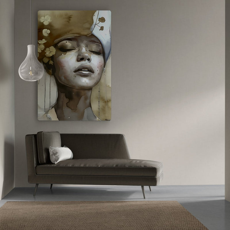 Wabi-sabi schilderij in beige, goud en wit met zwarte lijnen. Het staat perfect in het wabi sabi interieur. 
