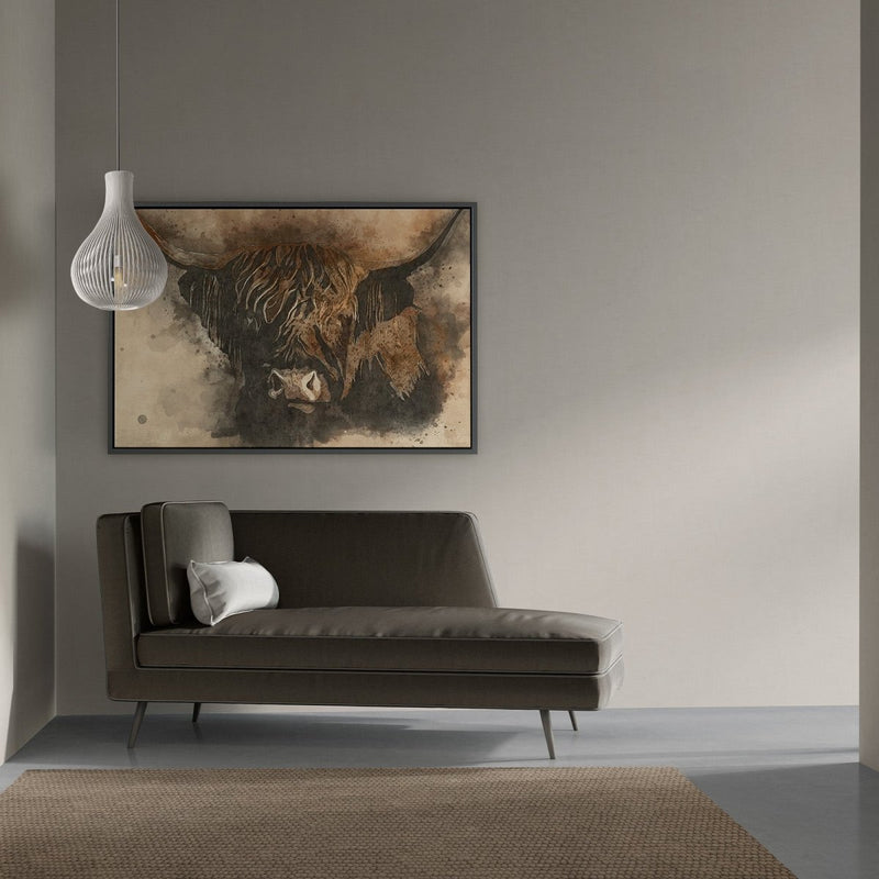 Deze Schotse hooglander van waterverf is gemaakt in onze eigen galerie. Deze kunst aan de muur zal staan in ieder interieur. 